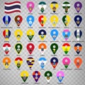 Thirty seven flags the Provinces of Thailand  -  alphabetical order with name.  Set of 2d geolocation signs like flags Provinces. Royalty Free Stock Photo